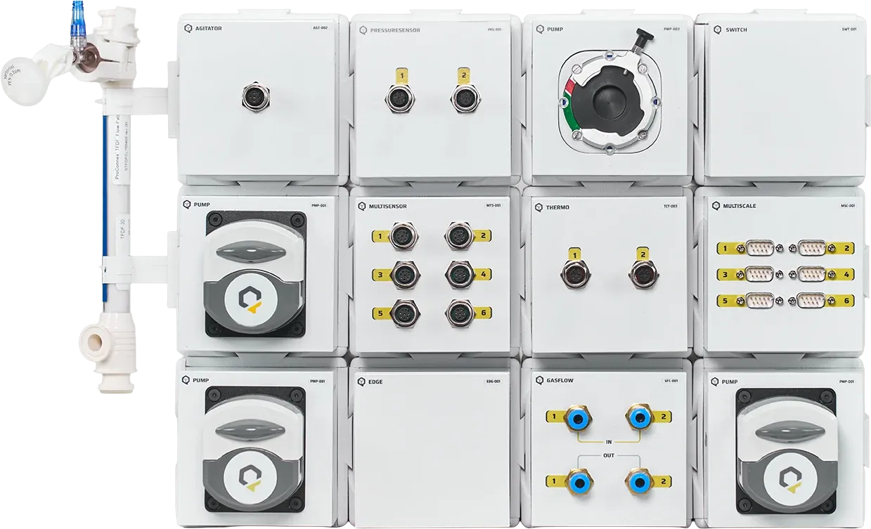 QB filtration setup with a filter module, pressure sensors and pumps
