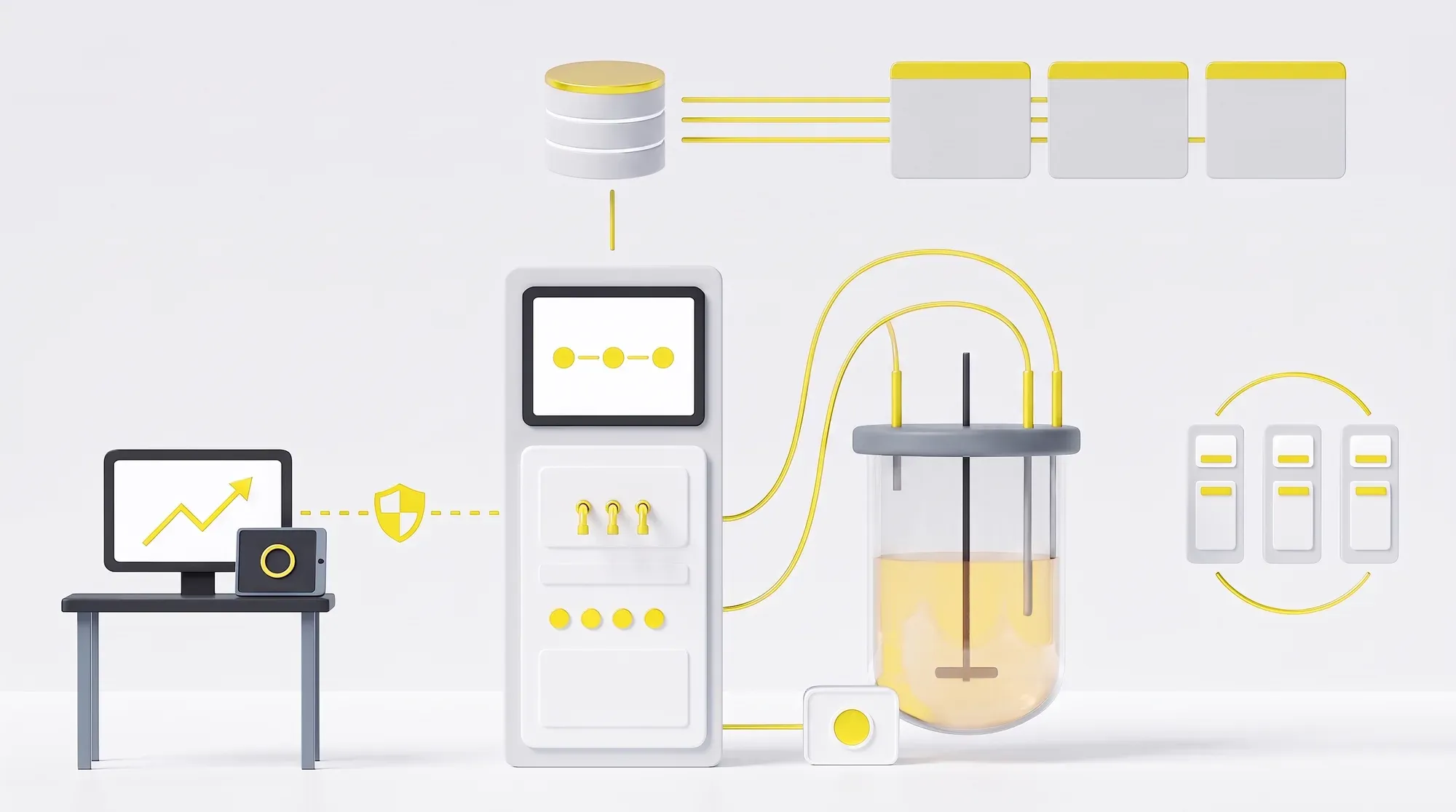After the retrofit: the same tower and vessel run QB Control, with data flowing to LIMS, MES and ERP, browser and tablet access, plug-and-play modules and a linked fleet