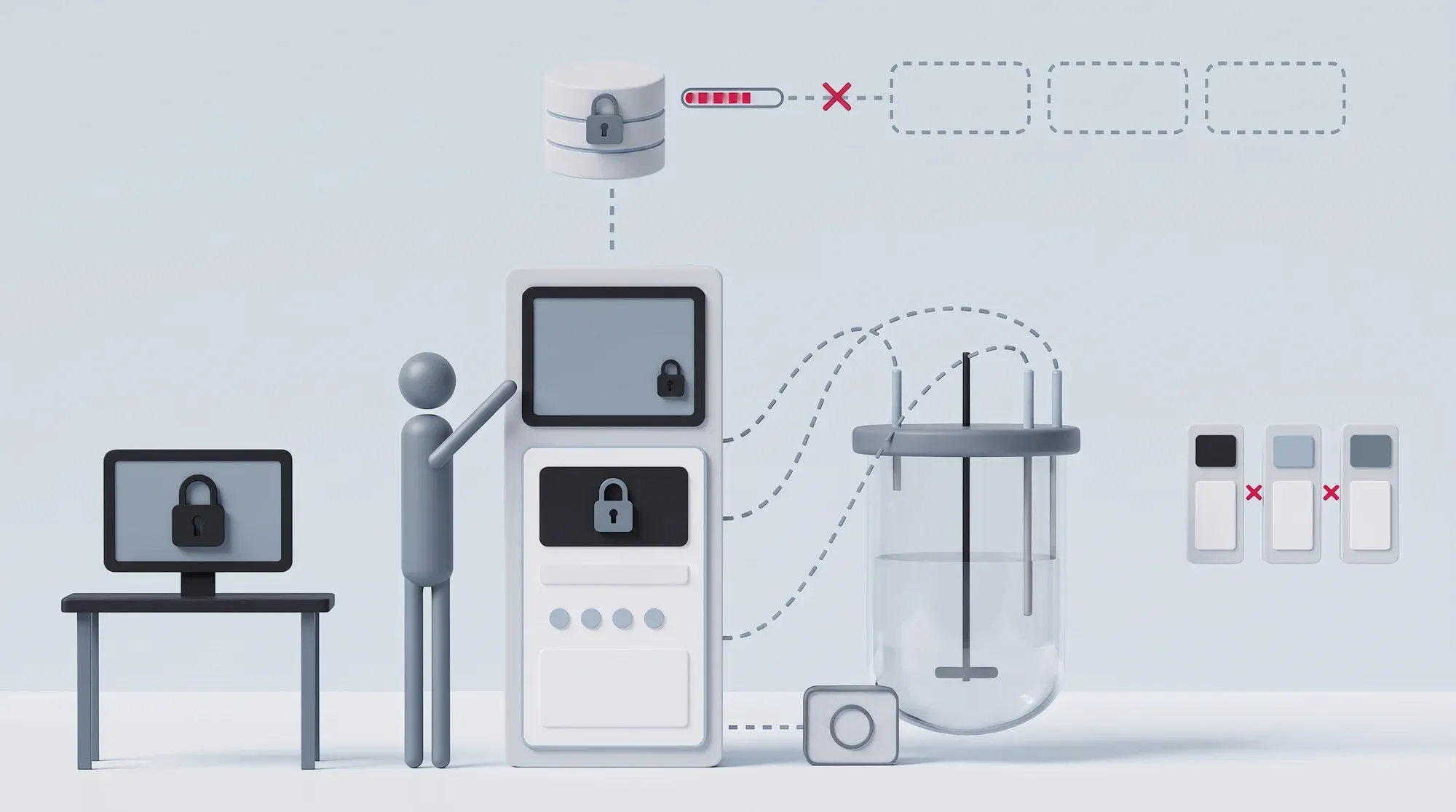 Before the retrofit: a locked vendor database and controller, an operator tied to the panel, disconnected systems and isolated units